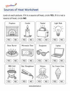 Sources of heat worksheet for grade 1