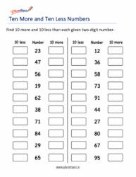Ten More and Ten Less Worksheets for Grade 1