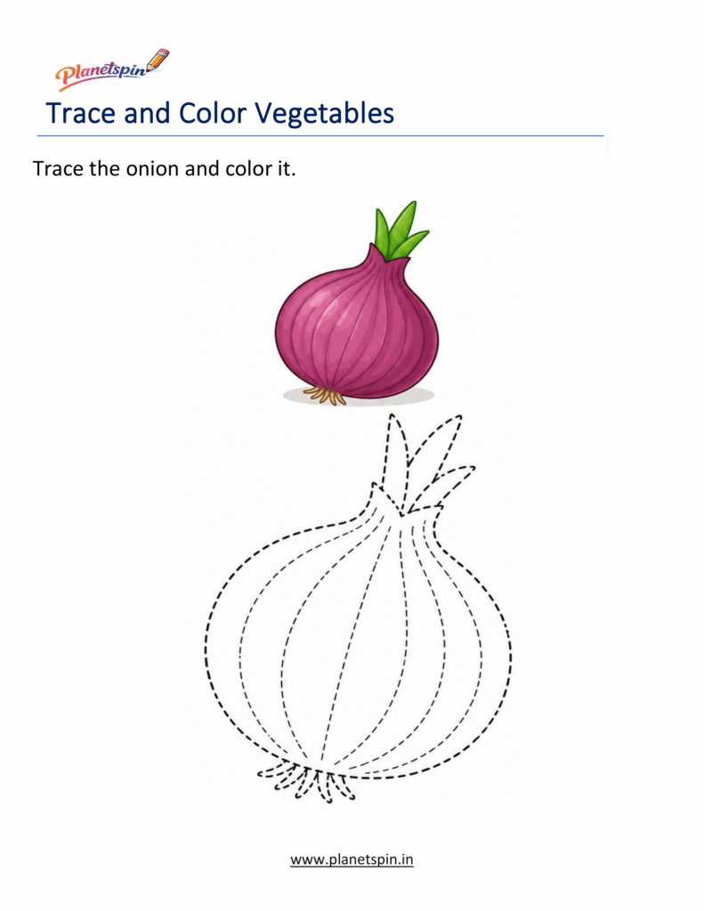 Trace and Color Vegetables Worksheets for Kindergarten