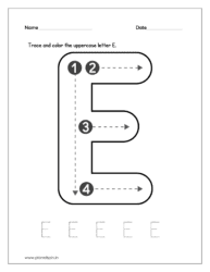 Download the kindergarten worksheet to trace and color the uppercase letter E