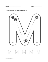 Download the kindergarten worksheet to trace and color the uppercase letter M