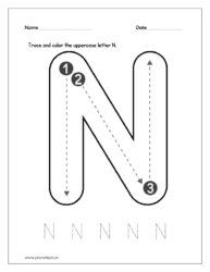 Download the kindergarten worksheet to trace and color the uppercase letter N