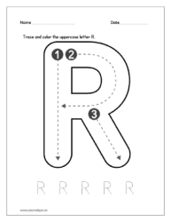 Download the kindergarten worksheet to trace and color the uppercase letter R