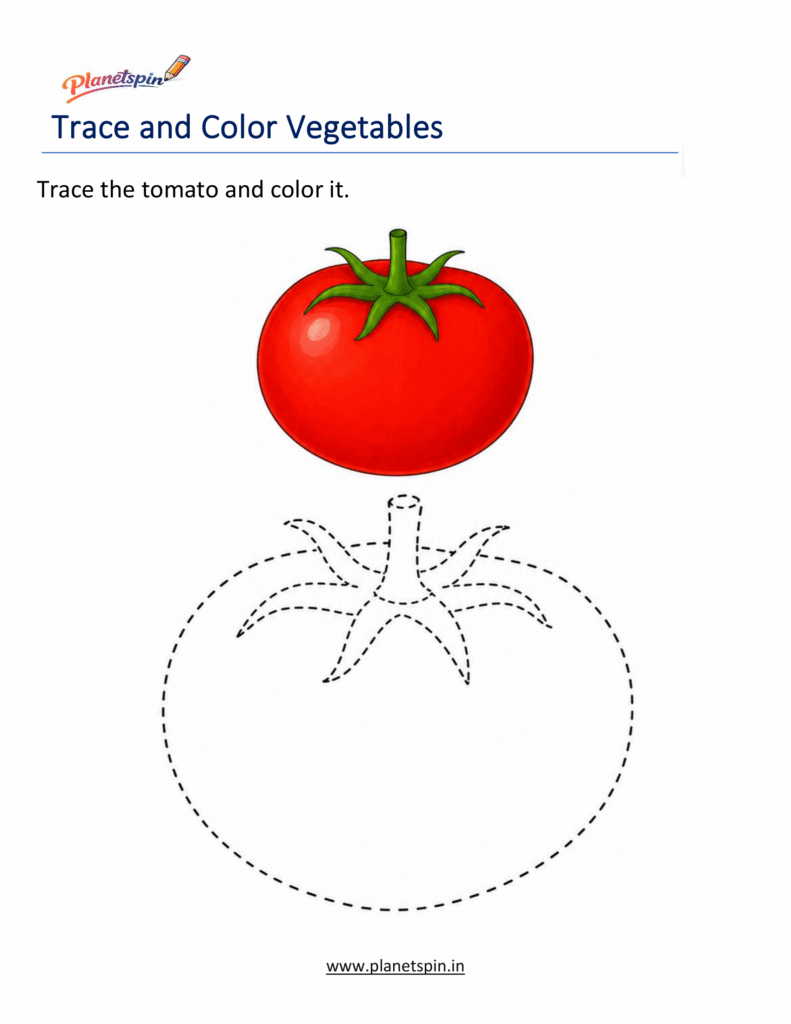 Trace and Color Vegetables Worksheets for Kindergarten