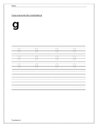 Tracing and writing small letter g given in the preschool worksheet