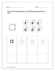 Trace and write lowercase letter a and color all the apples having letter a on them.