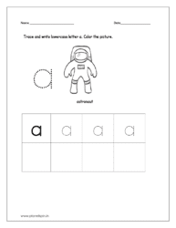 Color the astronaut and trace and write the lowercase letter a