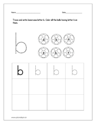 Trace and write lowercase letter b and color all the balls having letter b on them.