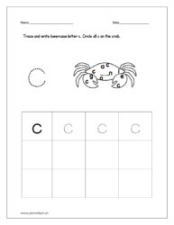 Trace and write lowercase letter c and circle all c on the crab.