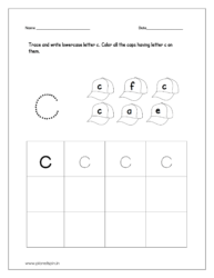 Trace and write lowercase letter c and color all the caps having letter c on them.