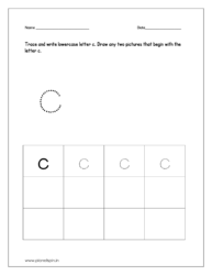 Trace and write lowercase letter c. Draw any two pictures that begin with letter c.