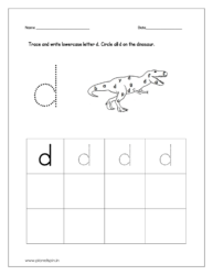 Trace and write lowercase letter d and circle all d on the dinosaur.