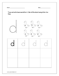 Trace and write lowercase letter d and color all the ducks having letter d on them.