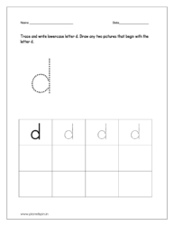 Trace and write lowercase letter d. Draw any two pictures that begin with letter d.