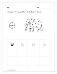Trace and write lowercase letter e and circle all e on the elephant.
