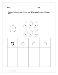 Trace and write lowercase letter e and color all the eggplant having letter e on them.