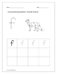 Trace and write lowercase letter f and circle all f on the fox.