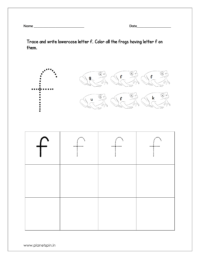 Trace and write lowercase letter f and color all the frogs having letter f on them.