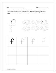 Trace and write lowercase letter f and color all the frogs having letter f on them.