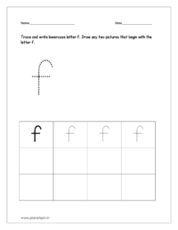 Trace and write lowercase letter f. Draw any two pictures that begin with letter f.