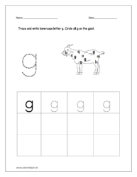 Trace and write lowercase letter g and circle all g on the goat.