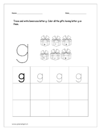Trace and write lowercase letter g and color all the gifts having letter g on them.