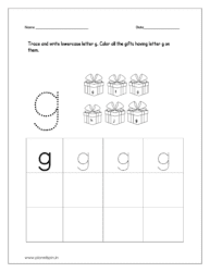 Trace and write lowercase letter g and color all the gifts having letter g on them.