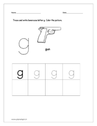 Trace and write the lowercase letter g. Then color the picture (gun).