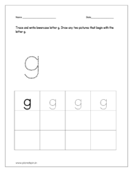 Trace and write lowercase letter g. Draw any two pictures that begin with letter g.