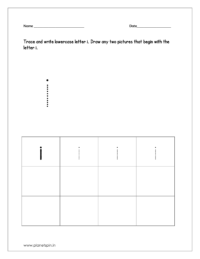 Trace and write lowercase letter i. Draw any two pictures that begin with letter i.