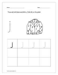 Trace and write lowercase letter j and circle all j on the jacket.