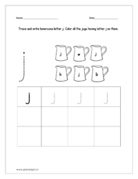 Trace and write lowercase letter j and color all the jugs having letter j on them.