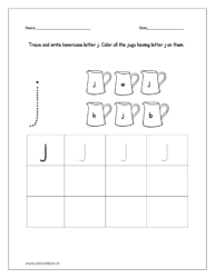 Trace and write lowercase letter j and color all the jugs having letter j on them.