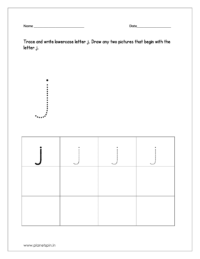 Trace and write lowercase letter j. Draw any two pictures that begin with letter j.