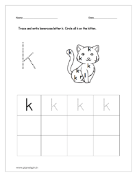 Trace and write lowercase letter k and circle all k on the kitten.