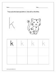Trace and write lowercase letter k and circle all k on the kitten for preschool.