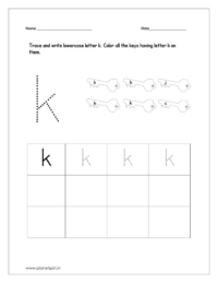 Trace and write lowercase letter k and color all the keys having letter k on them.