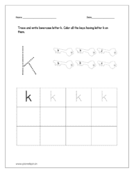 Trace and write lowercase letter k and color all the keys having letter k on them for preschool.