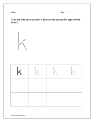 Trace and write lowercase letter k. Draw any two pictures that begin with letter k for preschool.