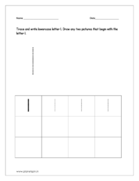 Trace and write lowercase letter l. Draw any two pictures that begin with letter l.