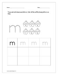 Trace and write lowercase letter m and color all the muffins having letter m on them.