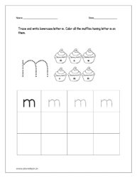 Trace and write lowercase letter m and color all the muffins having letter m on them.