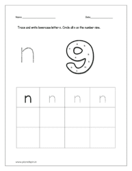 Tracing and write the lowercase letter n for preschool. Then identify and circle all the letter n drawn on the number 9.