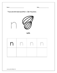 Trace and write the lowercase letter n. Then color the picture (nuts).