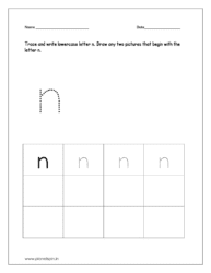 Trace and write the lowercase letter n. And draw any two pictures that begin with the letter n and color the pictures too.