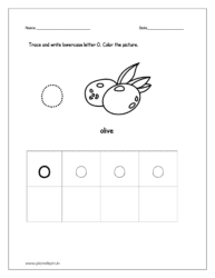 Trace and write the lowercase letter O. Then color the picture (olive).