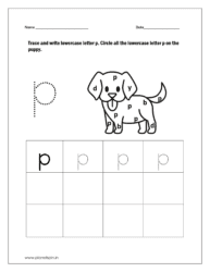 Trace and write the lowercase letter p. Then identify and circle all the letter p drawn on the puppy.