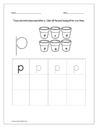Trace and write the lowercase letter p. Then color all the pots which are having lowercase letter p on them.