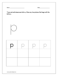 Trace and write the lowercase letter p. And draw any two pictures that begin with the letter p and color the pictures too.