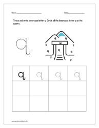 Trace and write the lowercase letter q. Then identify and circle all the letter q drawn on the quarry.